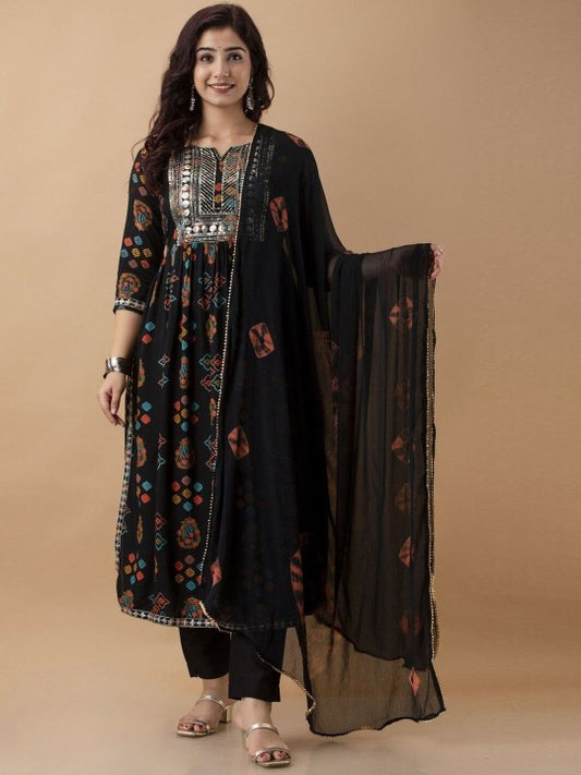 Anushansa Floral Printed Notch Neck Sequinned Straight Kurta