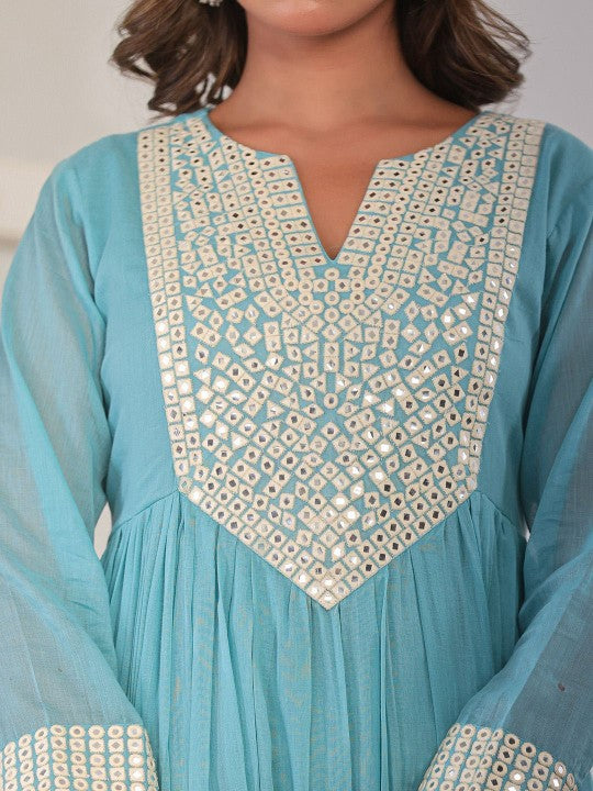 CHETI Geometric Yoke Design Pleated Mirror Work Anarkali Kurta With Trousers & Dupatta