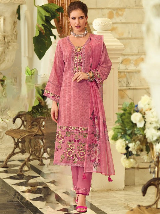 Varanga Geometric Printed Square Neck Thread Work Pure Cotton Kurta With Trouser & Dupatta