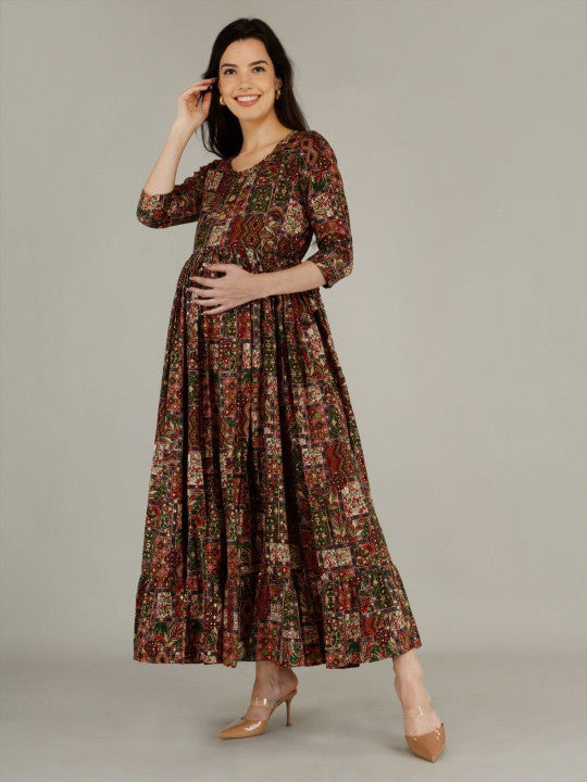 SupBir Foil Printed Maternity Maxi Ethnic Dress