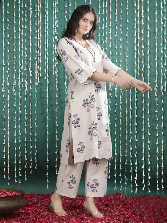 Bani Women Women Floral Printed Regular Thread Work Pure Cotton Kurta with Palazzos
