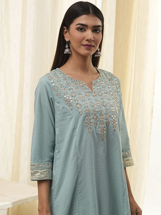 Biba Floral Embroidered Notch Neck Pure Cotton A-Line Kurta