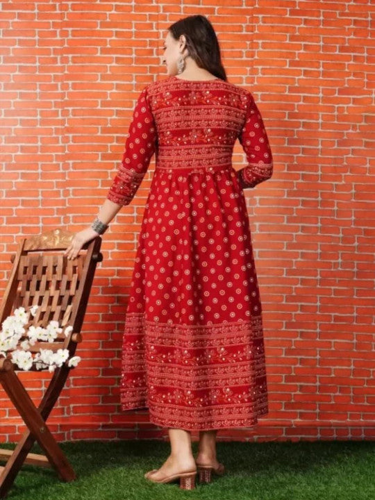 Vorcia Febtex Women Block Printed Round Neck Anarkali Dress