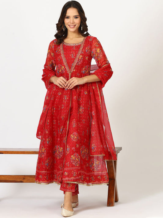 W Red Floral Printed Round Neck Thread Work Kurta With Trouser With Dupatta