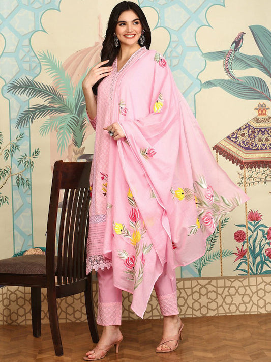 Ishin Floral Embroidered Sequinned Pure Cotton Straight Kurta With Trousers & Dupatta