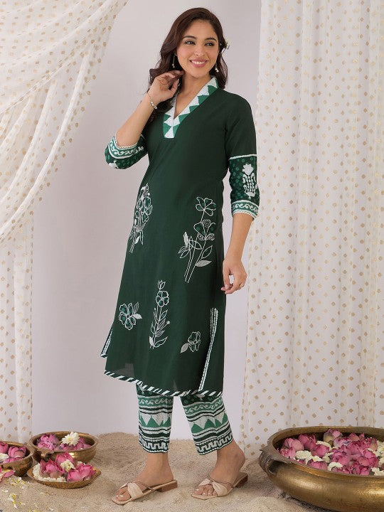Indo Era Floral Printed Pure Cotton V Neck Straight Tunic And Trousers