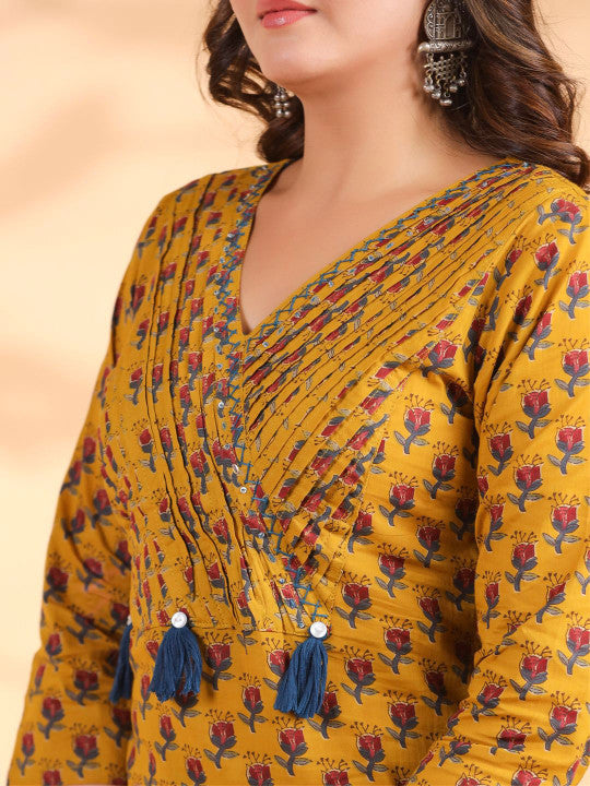 Vbuyz Floral Printed Sequinned Pure Cotton Kurta with Palazzos & Dupatta
