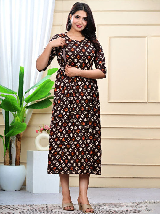 WE PERFECT Women Floral Printed Round Neck Maternity Cotton Ethnic Dress