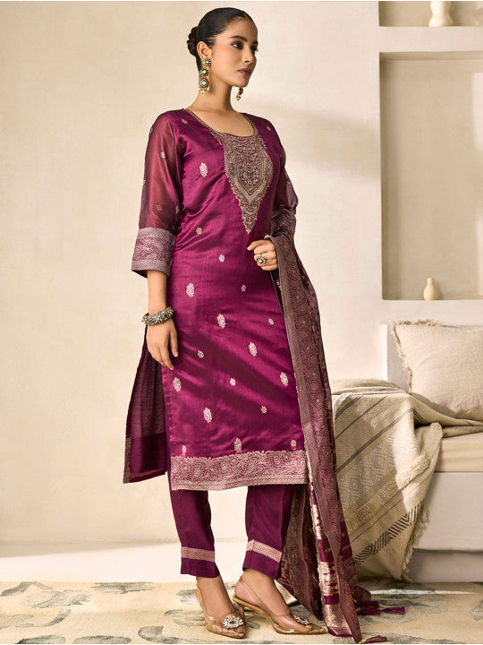 WOMEN PLUS Women Floral Embroidered Regular Beads and Stones Top with Trousers & Dupatta