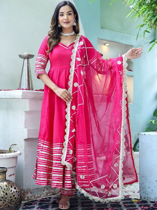 Angkor Women Angrakha Gotta Patti Pure Cotton Kurta with Trousers & With Dupatta