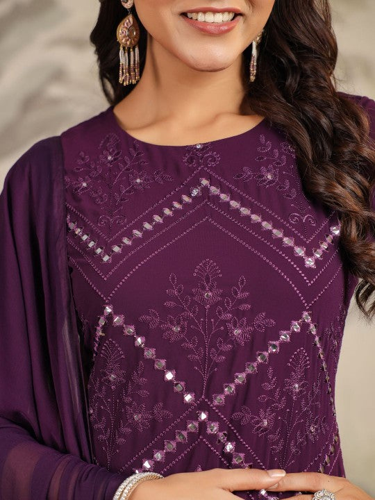 Janasya Ethnic Motifs Embroidered Mirror Work Georgette Kurta