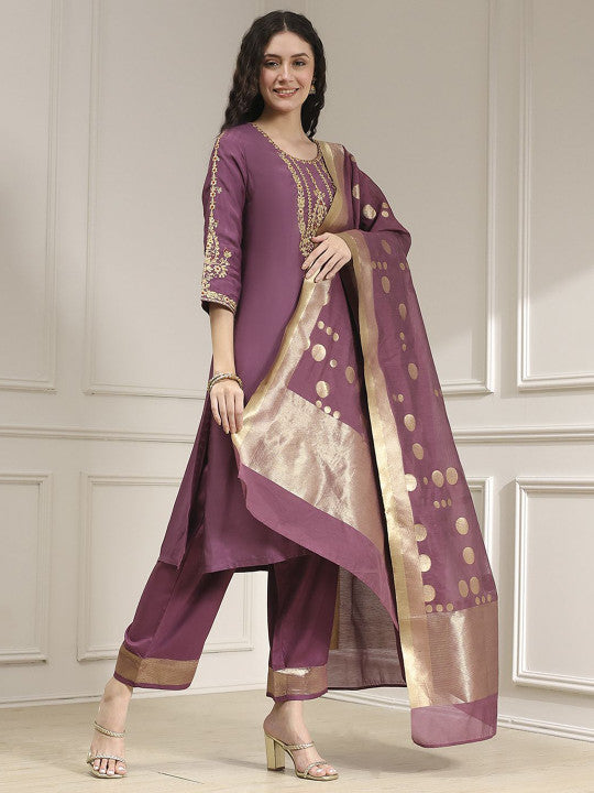 Biba Women Embroidered Straight Kurta with Trousers & Dupatta