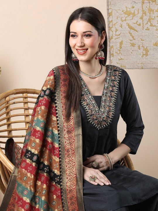 FASHOR Ethnic Motifs Yoke Design V-Neck A-Line Kurta
