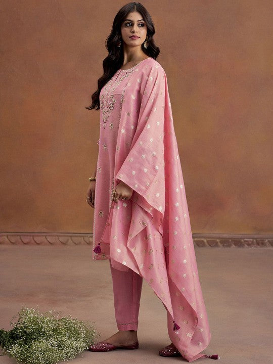 Jaipur Kurti Floral Embroidered Thread Work Straight Kurta With Trousers & Dupatta