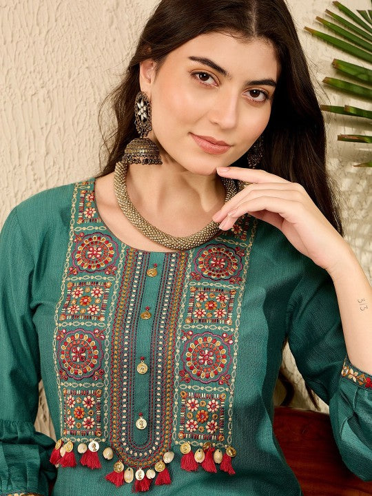 AHIKA Ethnic Motifs Yoke Design Regular Thread Work Straight Kurti with Salwar