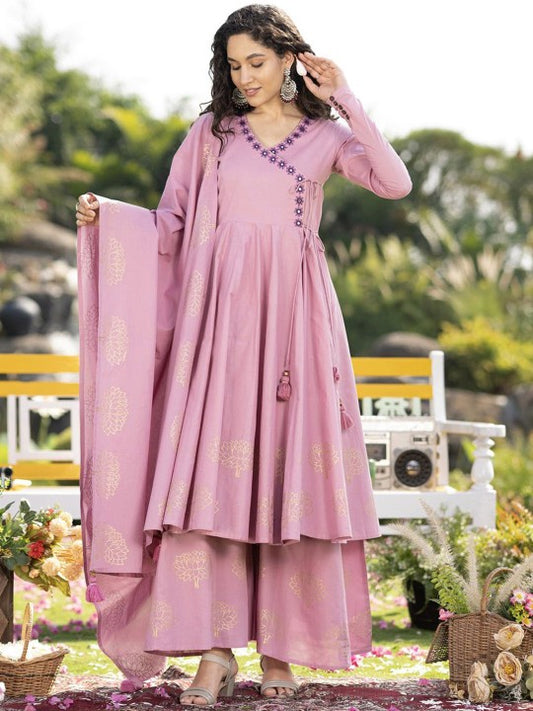 DIVASTRI Floral Printed V-Neck Mirror Work Pure Cotton A-Line Kurta With Sharara & Dupatta