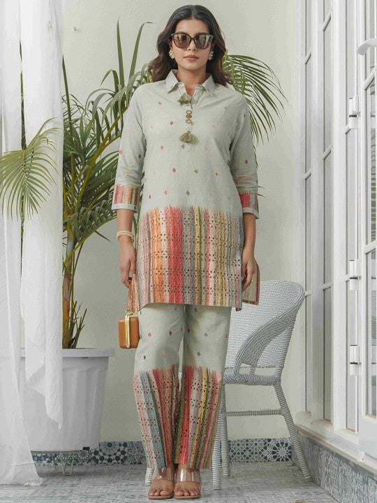 Printed Pure Cotton Schiffli Shirt Collar Tunic With Trousers