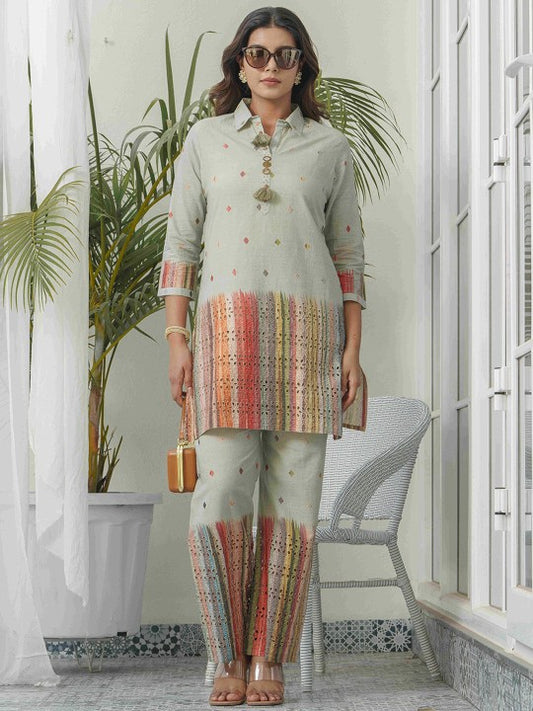 Printed Pure Cotton Schiffli Shirt Collar Tunic With Trousers