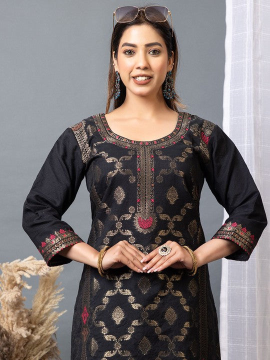 Floral Self Design Round Neck Straight Cotton Silk Kurta