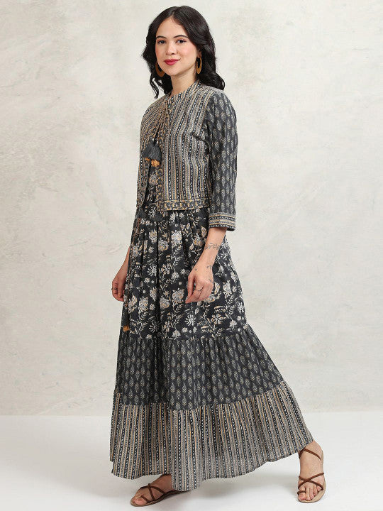 Vishudh Floral Printed Fit and Flare Maxi Ethnic Dress With tie up shrugs