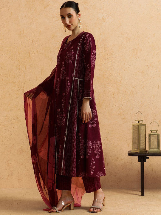 STYLEBAAZI Floral Printed Panelled Pure Cotton A-Line Kurta With Trousers & Dupatta