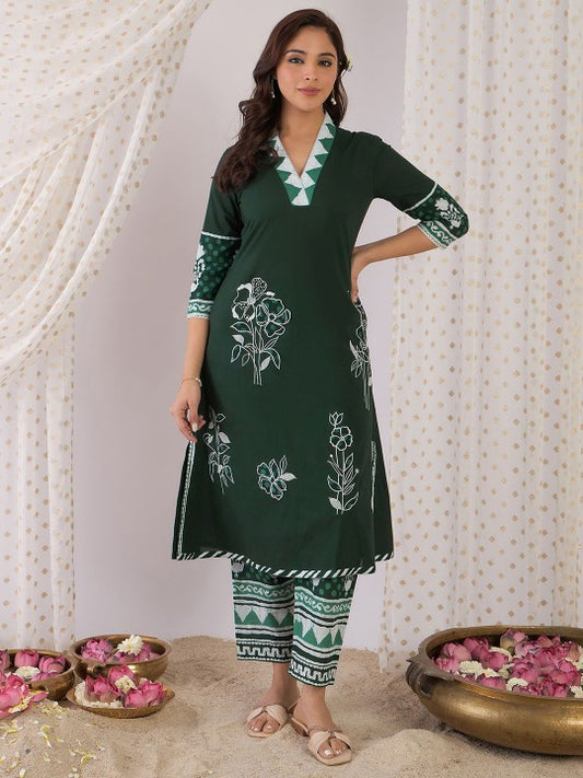 Indo Era Floral Printed Pure Cotton V Neck Straight Tunic And Trousers