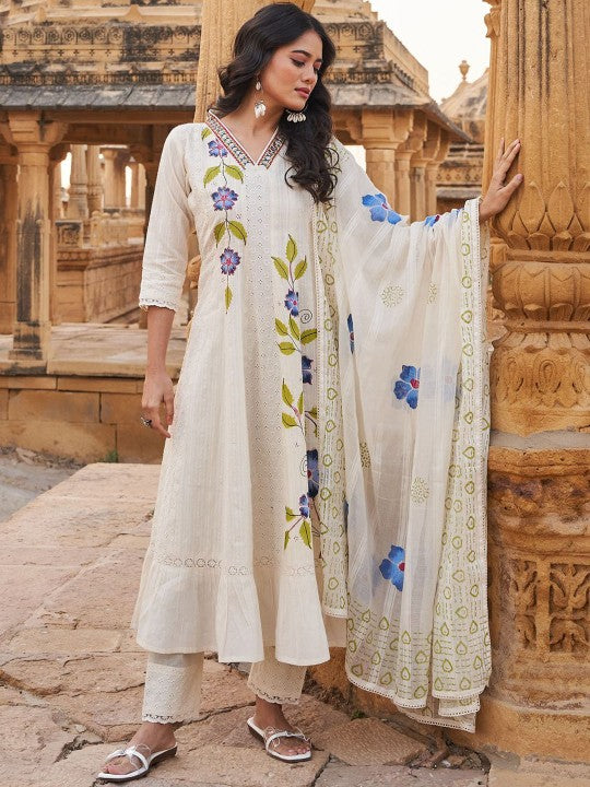 Indo Era Floral Embroidered Mirror Work V-Neck Pure Cotton Kurta With Trousers & Dupatta