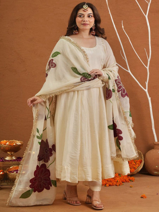 Panelled Pure Silk Anarkali Kurta With Palazzos & Dupatta