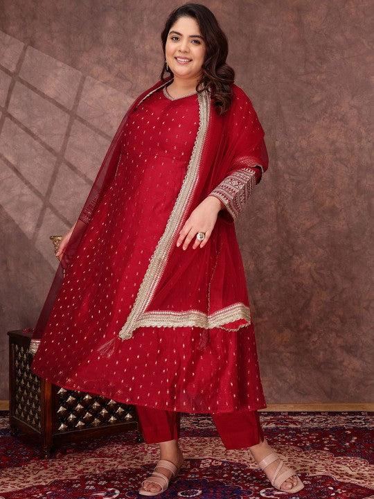 INDDUS PLUS Woven Design V Neck A Line Chanderi Silk Kurta