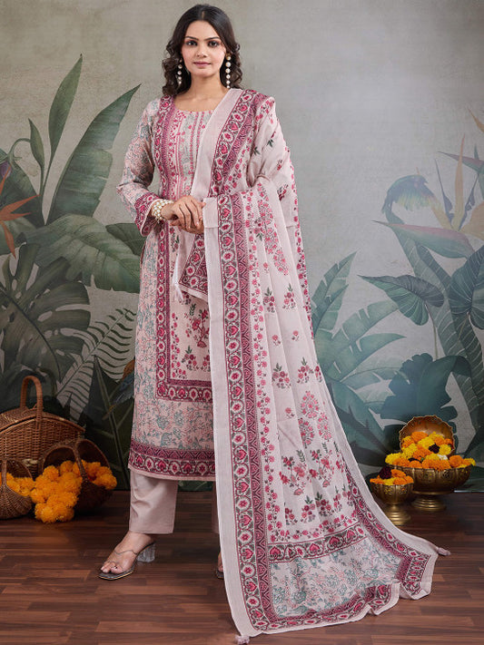 IOLY Women Floral Embroidered Regular Beads and Stones Pure Cotton Kurta with Pyjamas & With Dupatta