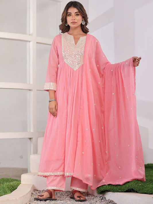 CHETI Geometric Yoke Design Pleated Mirror Work Anarkali Kurta With Trousers & Dupatta