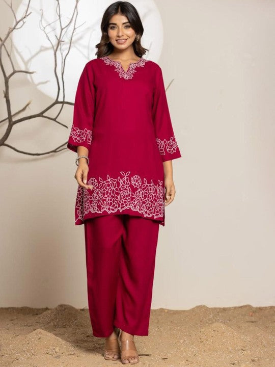 Advya Floral Embroidered Notch Neck Tunic & Trouser
