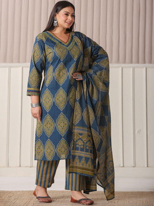 Yufta Plus Size Ethnic Motifs Printed V-Neck Pure Cotton Kurta With Trousers And Dupatta