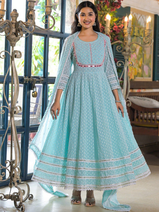 Aavanya Women Ethnic Motifs Panelled Mirror Work Pure Cotton Kurta with Pyjamas & With Dupatta