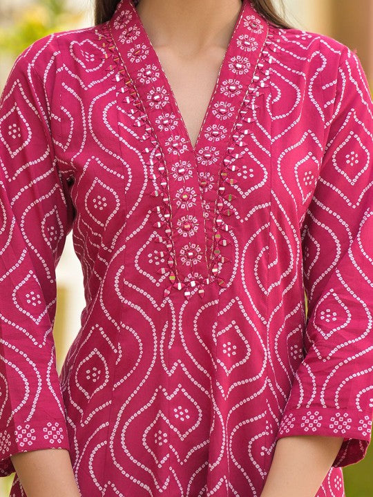 ARAVALII Bandhani Printed Mirrror Work Pure Cotton Anarkali Kurta