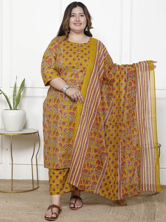 Swasti Women Floral Printed Regular Sequinned Pure Cotton Kurta with Trousers & With Dupatta