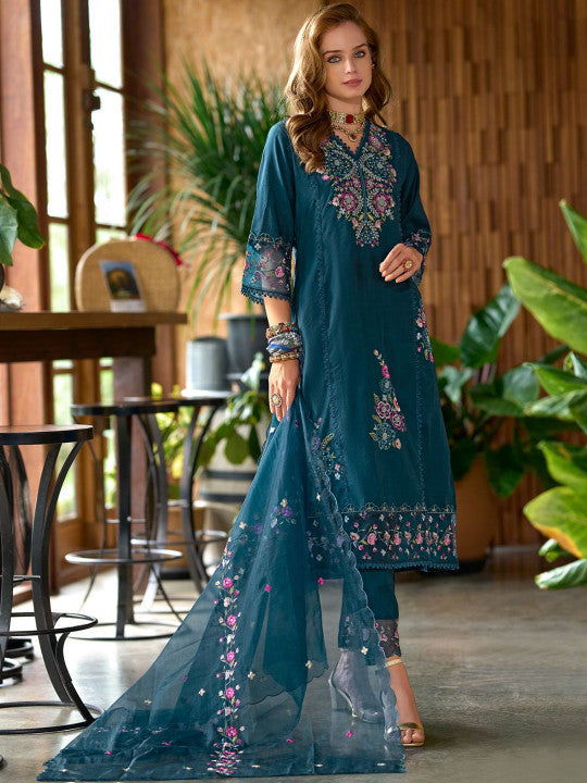 Indo Era Women Floral Embroidered Panelled Sequinned Kurta with Trousers & Dupatta