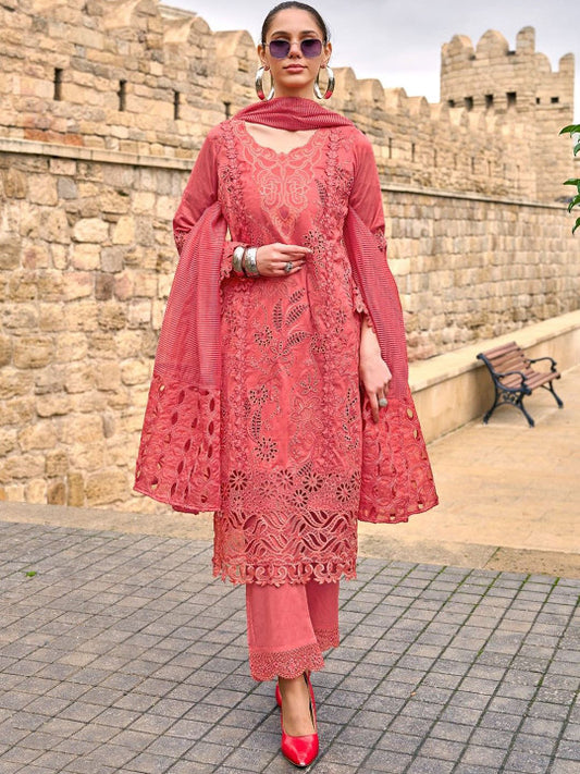 AUTUMN LANE Floral Embroidered Pure Cotton Straight Kurta With Trousers And Dupatta