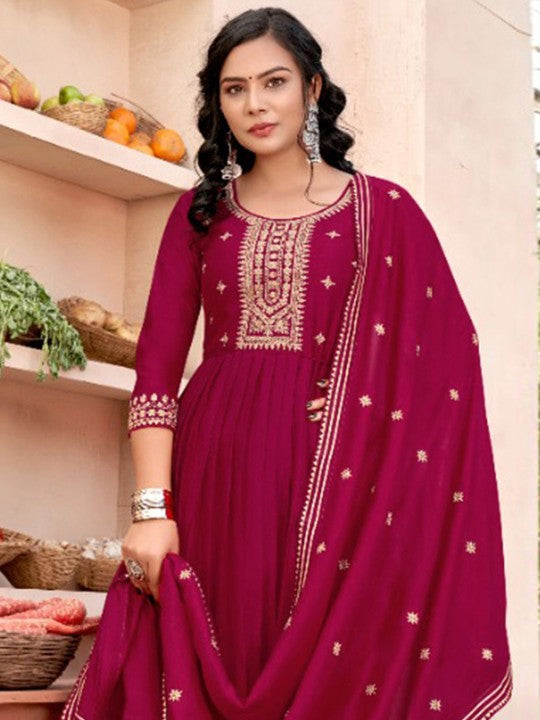 Zari Embroidered Round Neck A-Line Kurta