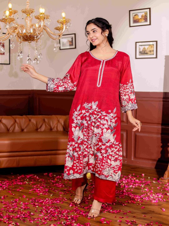 Chandbaali Floral Printed Straight Pure Cotton Kurta with Pyjamas And Dupatta