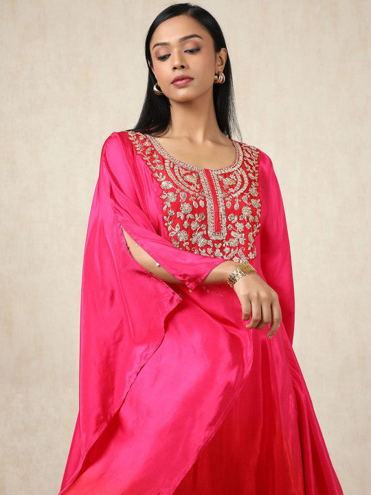 Floral Yoke Design Sequinned Silk Crepe Kaftan Kurta With Trouser