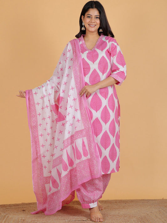 Aramya Floral Printed V Neck Pure Cotton Kurta With Salwar And Dupatta