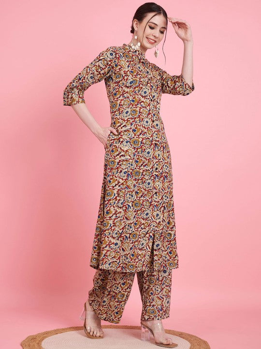 Vbuyz Floral Printed Mandarin Collar Kalamkari Straight Top With Palazzos