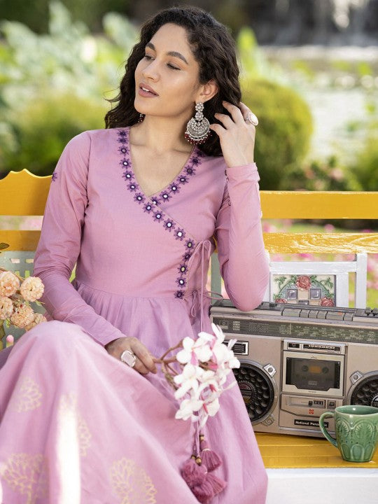 DIVASTRI Floral Printed V-Neck Mirror Work Pure Cotton A-Line Kurta With Sharara & Dupatta