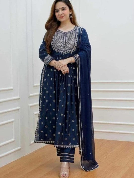 13-Star Floral Embroidered Round Neck Pleated Anarkali Kurta With Trousers & Dupatta