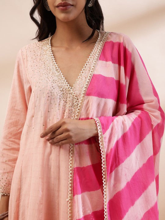 Neck Sequinned Chanderi Cotton Anarkali Kurta