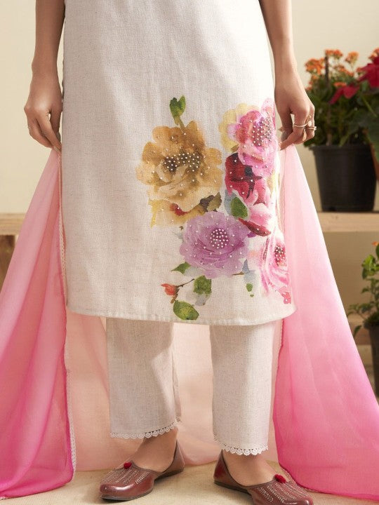 AUTUMN LANE Lisba Lily Floral Printed Pure Cotton Straight Kurta With Trouser & Dupatta