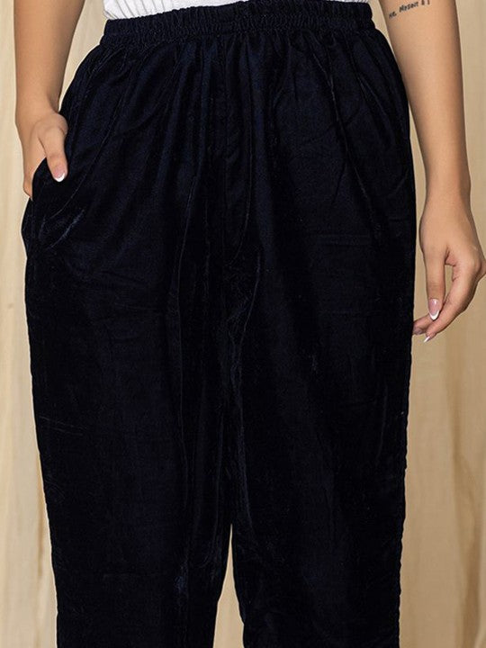 Yufta Floral Embroidered Round Neck Velvet Tunic With Trousers