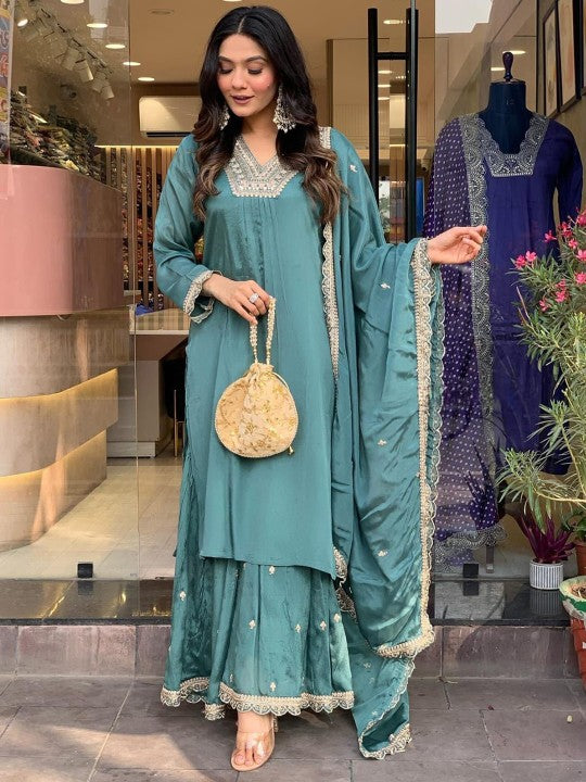 DEVATITHI Ethnic Motifs Embroidered Sequinned Pure Cotton Kurta with Palazzo & Dupatta