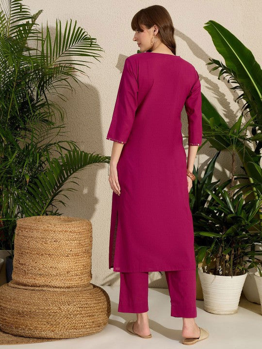 Indo Era Embroidered Round Neck Straight Pure Cotton Kurta & Trousers
